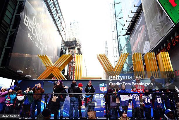 Fans participate in the festivities on Super Bowl Boulevard in Times Square prior to Super Bowl XLVIII on January 31, 2014 in New York City. Super...
