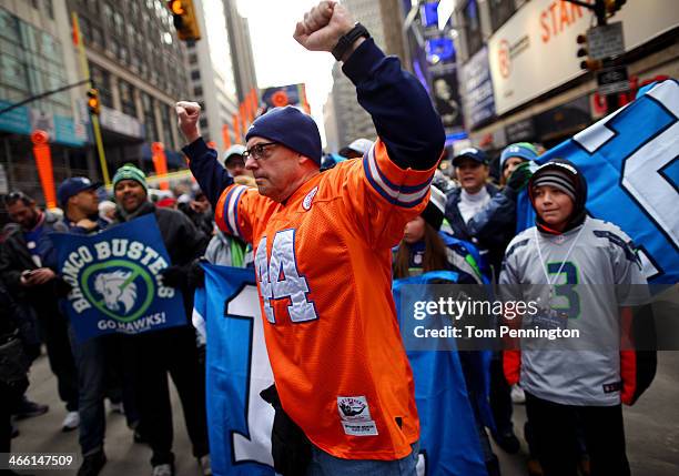 Fans participate in the festivities on Super Bowl Boulevard in Times Square prior to Super Bowl XLVIII on January 31, 2014 in New York City. Super...