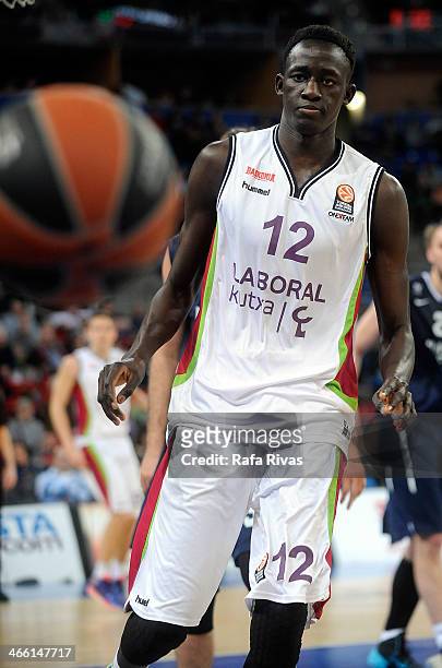 Ilimane Diop, #12 of Laboral Kutxa Vitoria in action during the 2013-2014 Turkish Airlines Euroleague Top 16 Date 5 game between Laboral Kutxa...