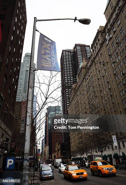 Super Bowl Signage is displayed near the Empire State Building prior to Super Bowl XLVIII on January 31, 2014 in New York City. Super Bowl XLVIII...