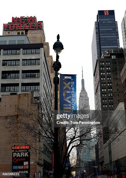 Super Bowl Signage is displayed near the Empire State Building prior to Super Bowl XLVIII on January 31, 2014 in New York City. Super Bowl XLVIII...