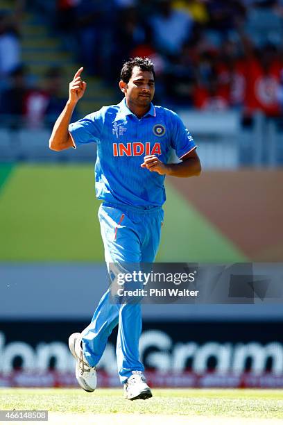 Mohammed Shami of India celebrates his wicket of Chamu Chibhabha of Zimbabwe during the 2015 ICC Cricket World Cup match between India and Zimbabwe...