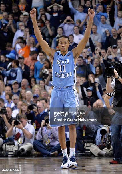 Brice Johnson of the North Carolina Tar Heels reacts against the Virginia Cavaliers during the semifinals of the 2015 ACC Basketball Tournament at...