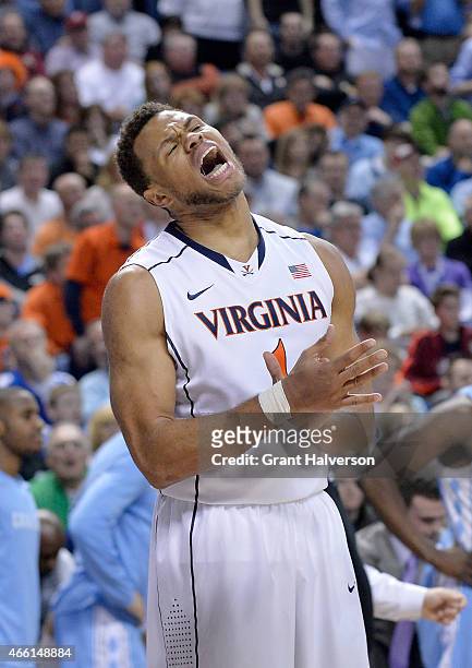 Justin Anderson of the Virginia Cavaliers reacts after a play against the North Carolina Tar Heels during the semifinals of the 2015 ACC Basketball...