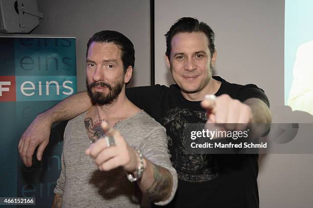 Alec Voelkel aka Boss Burns and Sascha Vollmer aka Hoss Power of The BossHoss pose backstage during the Eurovision Song Contest 2015 - Wer singt fuer...