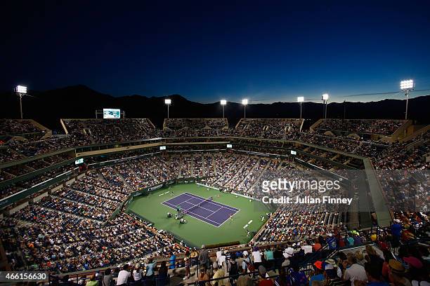 General view of Serena Williams of USA in action against Monica Niculescu of Romania during day five of the BNP Paribas Open tennis at the Indian...