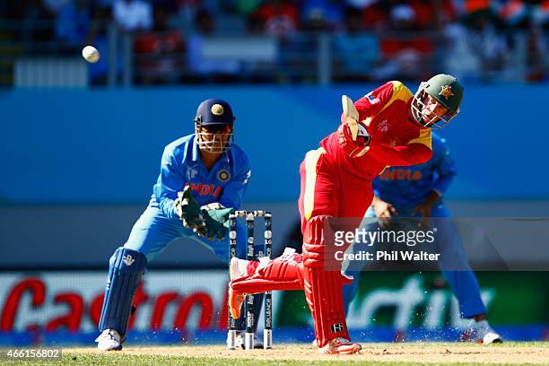 Sean Williams of Zimbabwe bats during the 2015 ICC Cricket World Cup match between India and Zimbabwe at Eden Park on March 14, 2015 in Auckland, New...