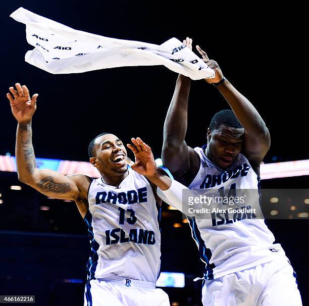 Buchanan and Ifeanyi Onyekaba of the Rhode Island Rams celebrate after a quarterfinal game against the George Washington Colonials in the 2015 Men's...