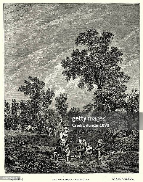 benevolent cottagers - asking for help stock illustrations