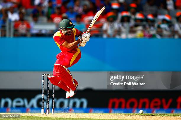 Regis Chakabva of Zimbabwe bats during the 2015 ICC Cricket World Cup match between India and Zimbabwe at Eden Park on March 14, 2015 in Auckland,...