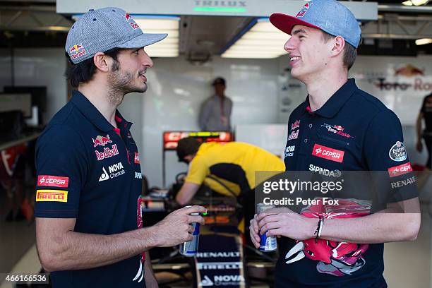 Carlos Sainz of Spain and Max Verstappen of The Netherlands both of Scuderia Toro Rosso during qualifying for the Australian Formula One Grand Prix...