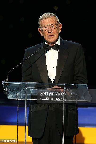 Lou Holtz winner of the Reds Bagnell Award for contribution to the game of Football attends the 78th Annual Maxwell Football Club Awards Gala at the...