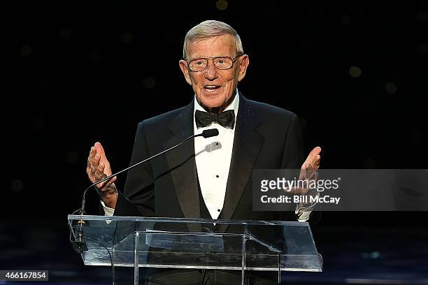 Lou Holtz winner of the Reds Bagnell Award for contribution to the game of Football attends the 78th Annual Maxwell Football Club Awards Gala at the...