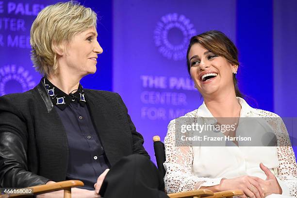 Actors Jane Lynch and Lea Michele on stage at The Paley Center For Media's 32nd Annual PALEYFEST LA - "Glee" at Dolby Theatre on March 13, 2015 in...