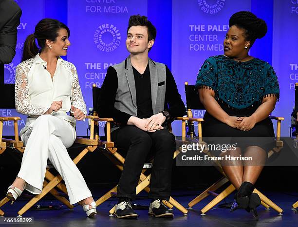 Actors Lee Michele, Chris Colfer, Amber Riley on stage at The Paley Center For Media's 32nd Annual PALEYFEST LA - "Glee" at Dolby Theatre on March...