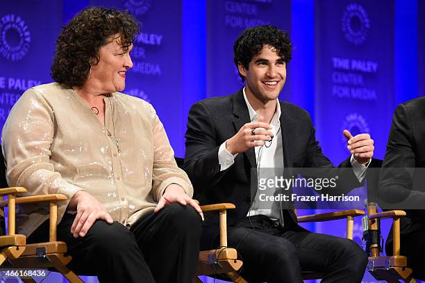 Actors Dot-Marie Jones and Darren Criss on stage at The Paley Center For Media's 32nd Annual PALEYFEST LA - "Glee" at Dolby Theatre on March 13, 2015...