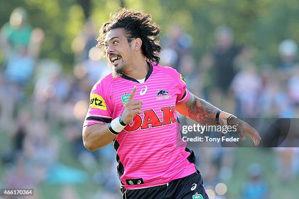 Sika Manu of the Panthers celebrates a try during the round two NRL match between the Penrith Panthers and the Gold Coast Titans at Carrington Park...