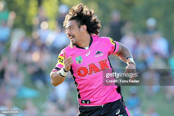 Sika Manu of the Panthers celebrates a try during the round two NRL match between the Penrith Panthers and the Gold Coast Titans at Carrington Park...