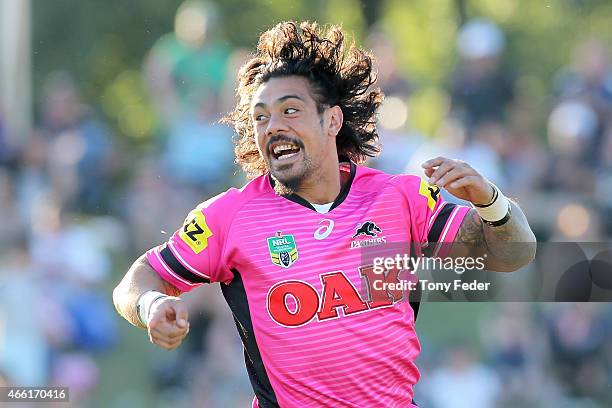 Sika Manu of the Panthers celebrates a try during the round two NRL match between the Penrith Panthers and the Gold Coast Titans at Carrington Park...