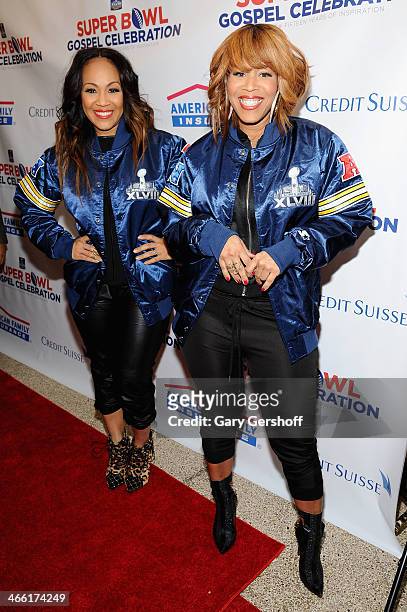 Erica Atkins-Campbell and Tina Atkins-Campbell of gospel duo Mary Mary attend the Super Bowl Gospel Celebration 2014 on January 31, 2014 in New York...