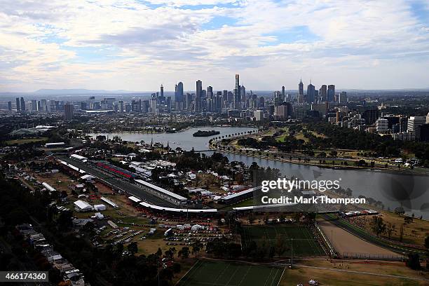 An aerial view of the track including Albert Park Lake during qualifying for the Australian Formula One Grand Prix at Albert Park on March 14, 2015...