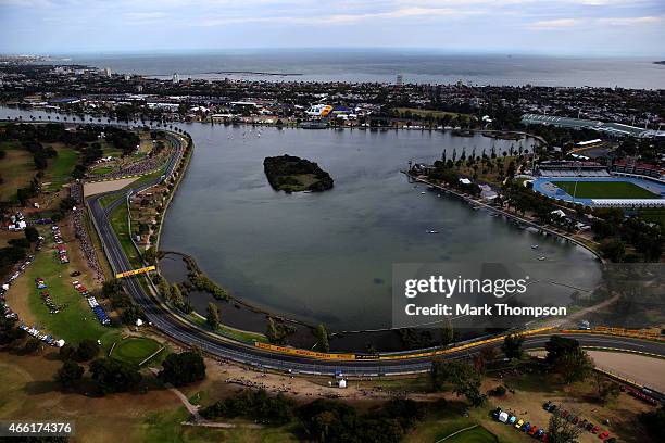 An aerial view of the track including Albert Park Lake during qualifying for the Australian Formula One Grand Prix at Albert Park on March 14, 2015...