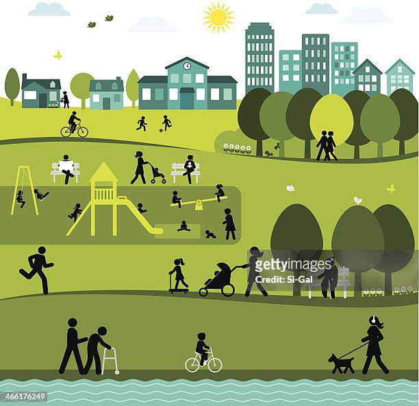 day at a city park - kids at river stock illustrations