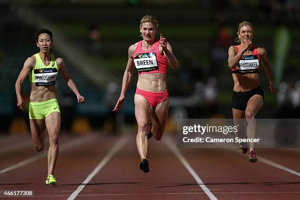 Melissa Breen of the ACT competes in the womens 100m final during the Sydney Track Classic at Sydney Olympic Park on March 14, 2015 in Sydney,...