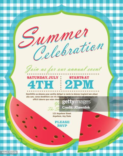 retro summer party template invitation design with watermelon - beach bbq stock illustrations