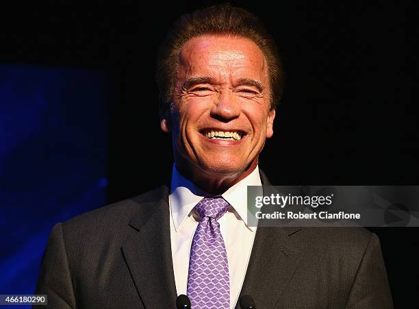 Arnold Schwarzenegger speaks on stage during the Arnold Classic Australia at The Melbourne Convention and Exhibition Centre on March 14, 2015 in...