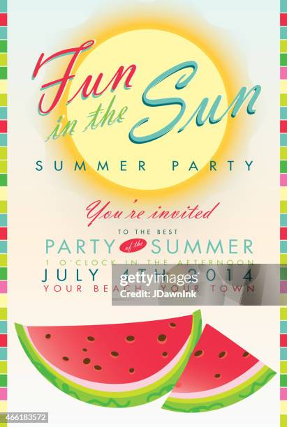 retro summer watermelon and sun party template invitation design - beach bbq stock illustrations