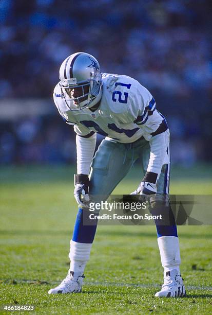 Dion Sanders of the Dallas Cowboys in action against the Oakland Raiders during an NFL football game November 19, 1995 at the Oakland-Alameda County...
