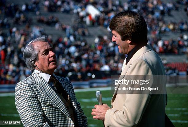 Football analyst Don Meredith and ABC Sports commentator Curt Gowdy in this portrait circa 1977. Meredith played quarterback in the NFL for the...