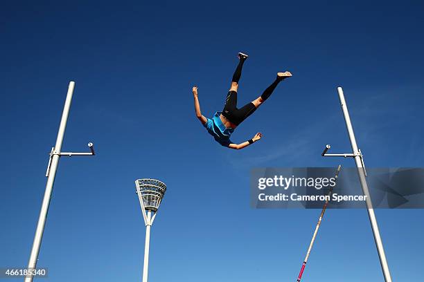 Angus Armstrong of New South Wales competes in the mens pole vault during the Sydney Track Classic at Sydney Olympic Park on March 14, 2015 in...