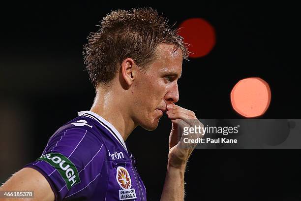 Michael Thwaite of the Glory looks on after being defeated during the round 21 A-League match between the Perth Glory and the Wellington Phoenix at...