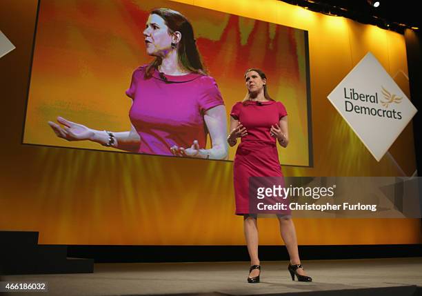Jo Swinson MP, Under Secretary of State for Women and Equalities, delivers her keynote speech to delegates during party's spring conference at the...