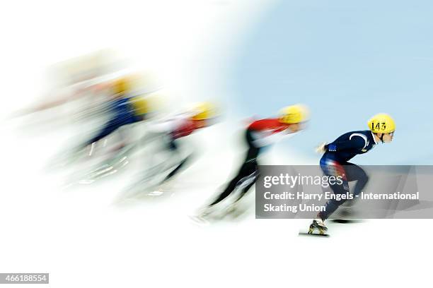 Yi Ra Seo of Korea leads the pack during the Men's 1500m Semifinal on day two of the ISU World Short Track Speed Skating Championships at the...