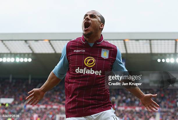 Gabriel Agbonlahor of Aston Villa celebrates scoring their second goal during the Barclays Premier League match between Sunderland and Aston Villa at...