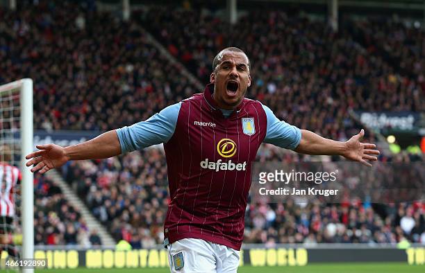 Gabriel Agbonlahor of Aston Villa celebrates scoring their second goal during the Barclays Premier League match between Sunderland and Aston Villa at...