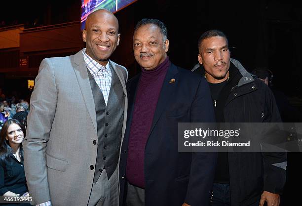 Singer Donnie McClurkin, Reverend Jesse Jackson and Executive Vice President and General Manager of Centric Paxton Baker attend the Super Bowl Gospel...