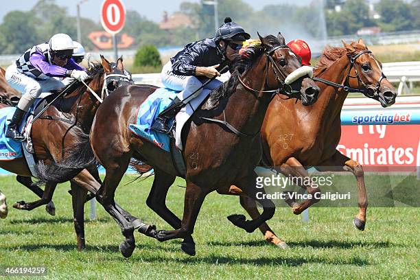 Michael Rodd riding Scratchy Bottom wins Race 1, the Robert Hunter Handicap during Melbourne racing at Caulfield Racecourse on February 1, 2014 in...