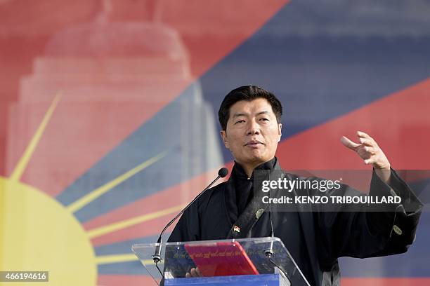 Lobsang Sangay, Sikyong of the Tibetan Government-in-Exile, delivers a speech during a European rally marking a failed 1959 uprising against China on...