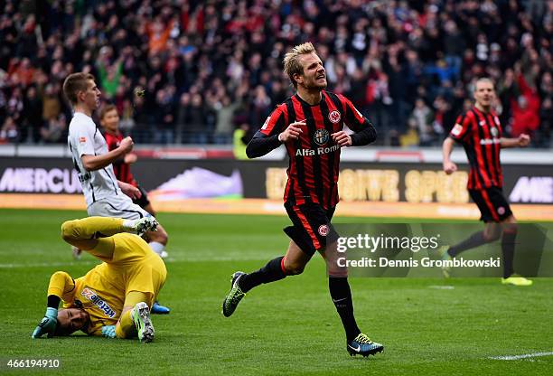 Stefan Aigner of Eintracht Frankfurt celebrates as he scores the third goal during the Bundesliga match between Eintracht Frankfurt and SC Paderborn...