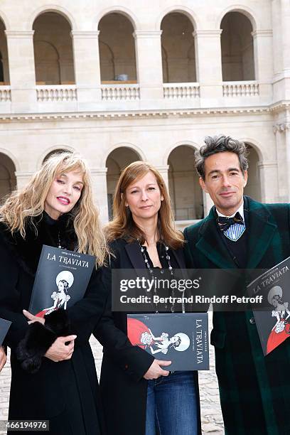 Stage Director of the Opera Arielle Dombasle, Music Booking Opera Anne Gravoin and sets and costumes of the Opera Vincent Dare attend the Opera 'La...