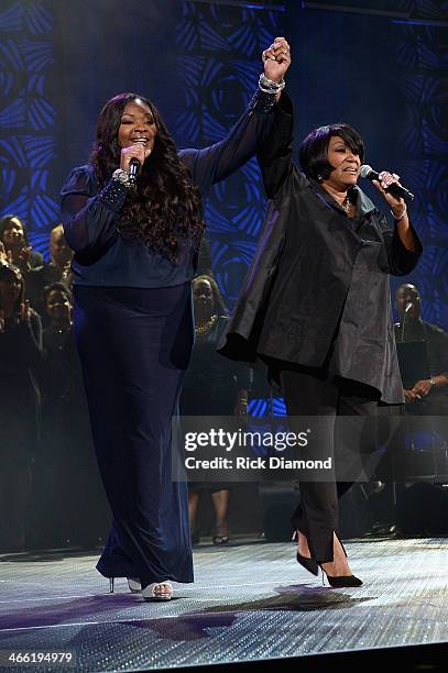 Singers Candice Glover and Patti LaBelle perform onstage at the Super Bowl Gospel Celebration 2014 at The Theater at Madison Square Garden on January...