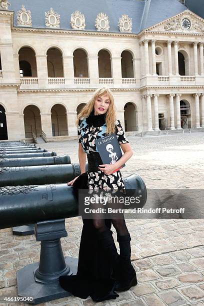 Stage Director of the Opera Arielle Dombasle attends the Opera 'La traviata', 'Opera en plein Air 2015' : Press Conference. Held at Invalides on...