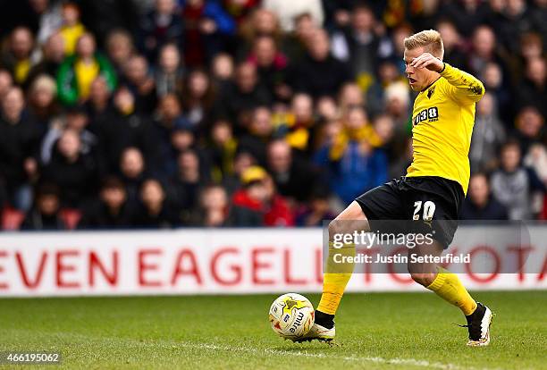 Matej Vydra of Watford scores the 2nd Watford goal during the Sky Bet Championship match between Watford and Reading at Vicarage Road on March 14,...