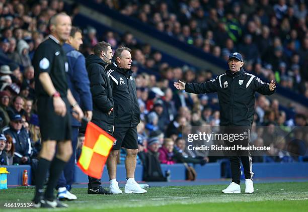 Tony Pulis, manager of West Brom shows his frustrations with the fourth official after the second goal of Brown Ideye of West Brom is disallowed...