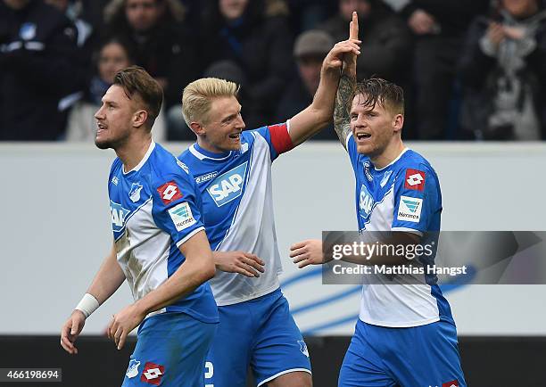 Eugen Polanski of Hoffenheim celebrates with his team-mates after scoring his team's second goal during the Bundesliga match between 1899 Hoffenheim...