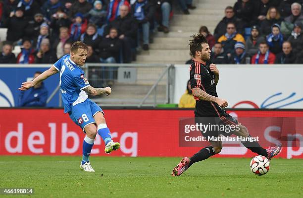 Eugen Polanski of Hoffenheim scores his team's second goal during the Bundesliga match between 1899 Hoffenheim and Hamburger SV at Wirsol...